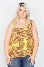 Junior Plus Size Yellow  Scoop Neck Boho Floral Print Tank Top /2-2-1