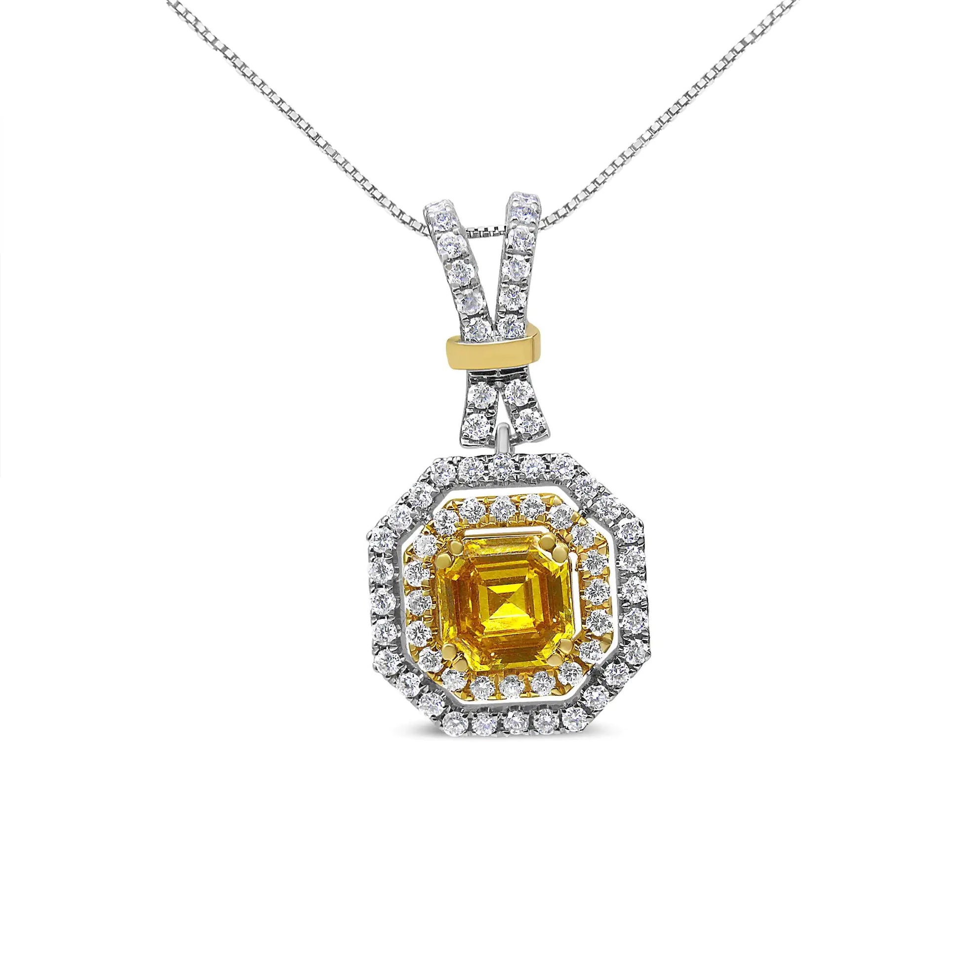 18K White and Yellow Gold 1.75 Cttw Lab Grown Treated Yellow Asscher Center Diamond Halo 18" Pendant Necklace (Yellow/G-H Color, VS1-VS2 Clarity) - Puritific