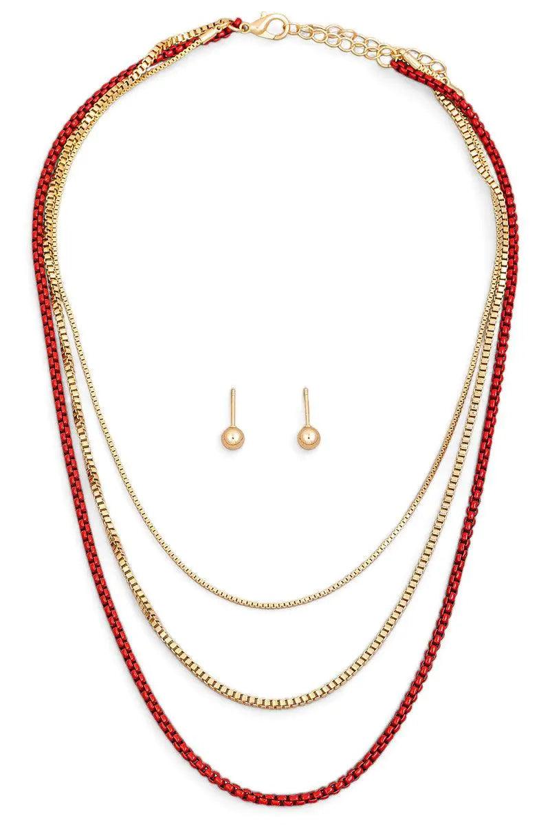 3 Layer Assorted Chain Necklace Small Ball Earring Set - Puritific