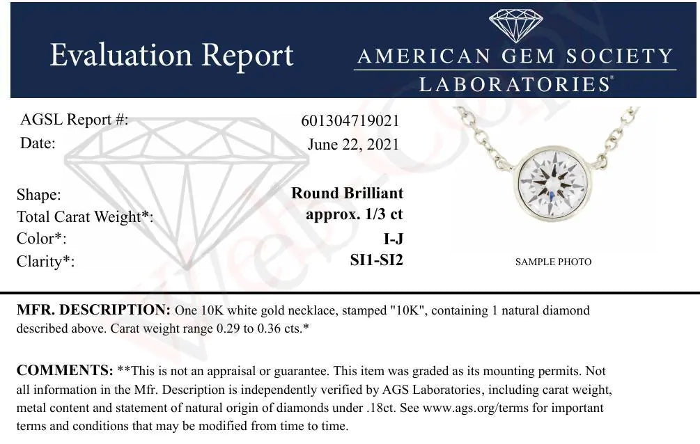 AGS Certified 10K Gold Bezel Set Round Diamond Solitaire 16-18" Adjustable Pendant Necklace (H-I Color, SI1-SI2 Clarity) - Puritific