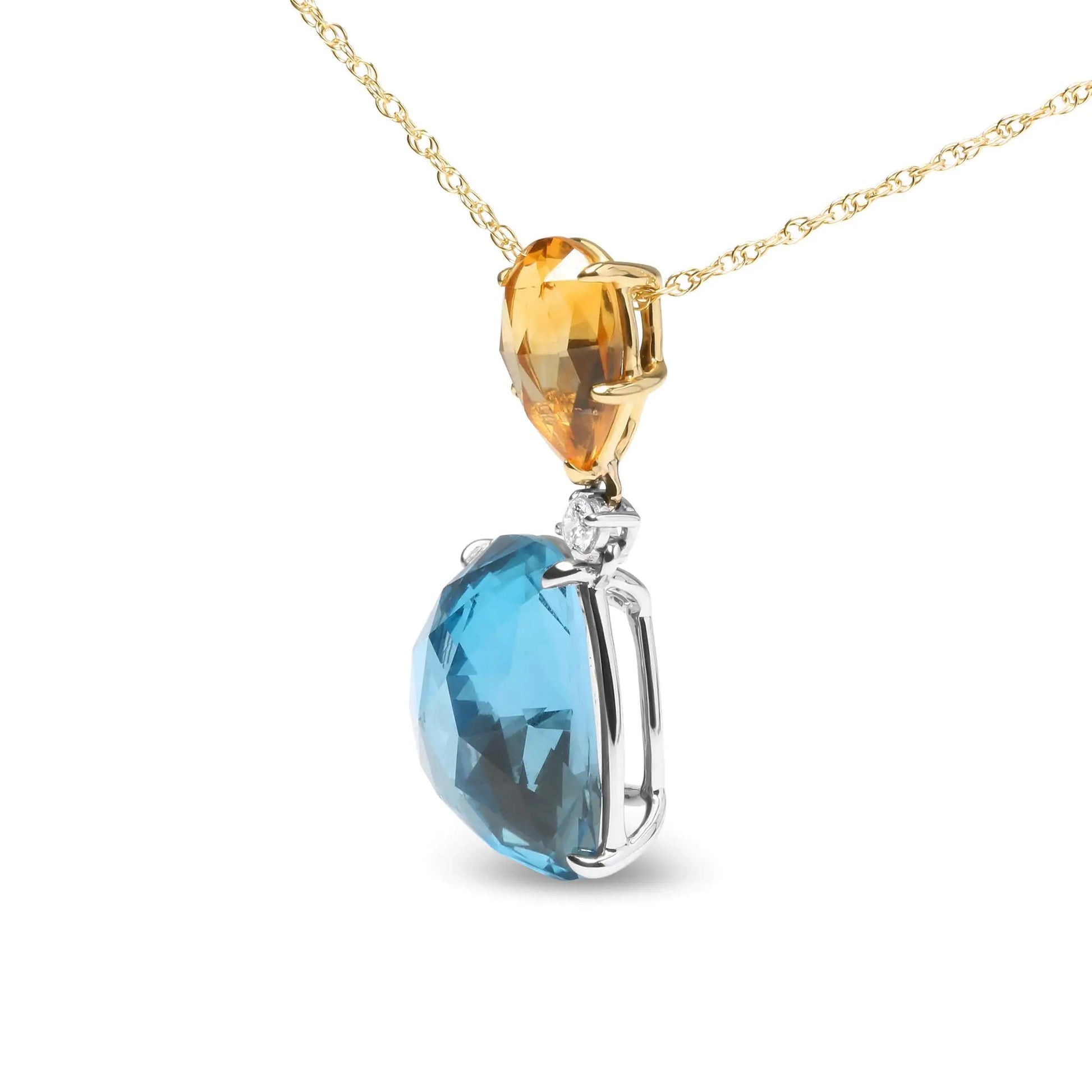 18K White and Yellow Gold Diamond Accent and Pear Cut Lemon Quartz and Cushion Cut London Blue Topaz Gemstone Dangle Drop 18" Pendant Necklace (G-H Color, SI1-SI2 Clarity) - Puritific