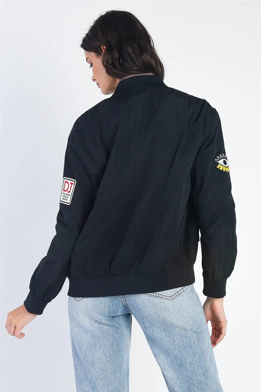 Aviator Black Retro Patches Long Sleeve Bomber Jacket /2-2 - Puritific