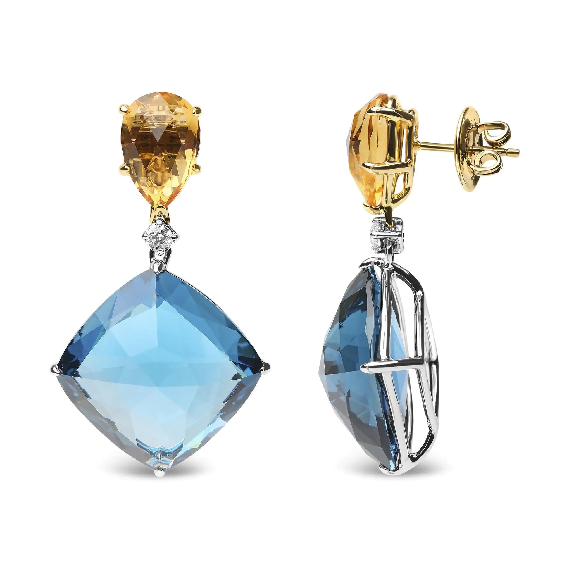 18K White and Yellow Gold 1/6 Cttw Diamond with Pear Cut Yellow Citrine and 20mm Cushion Cut Blue Topaz Gemstone Dangle Earrings (G-H Color, SI1-SI2 Clarity) - Puritific