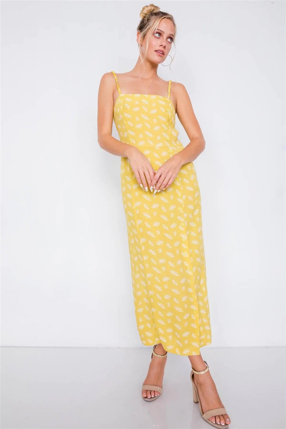 Yellow Feather Floral Print Square Neck Accordion Cami Dress /4-2-1