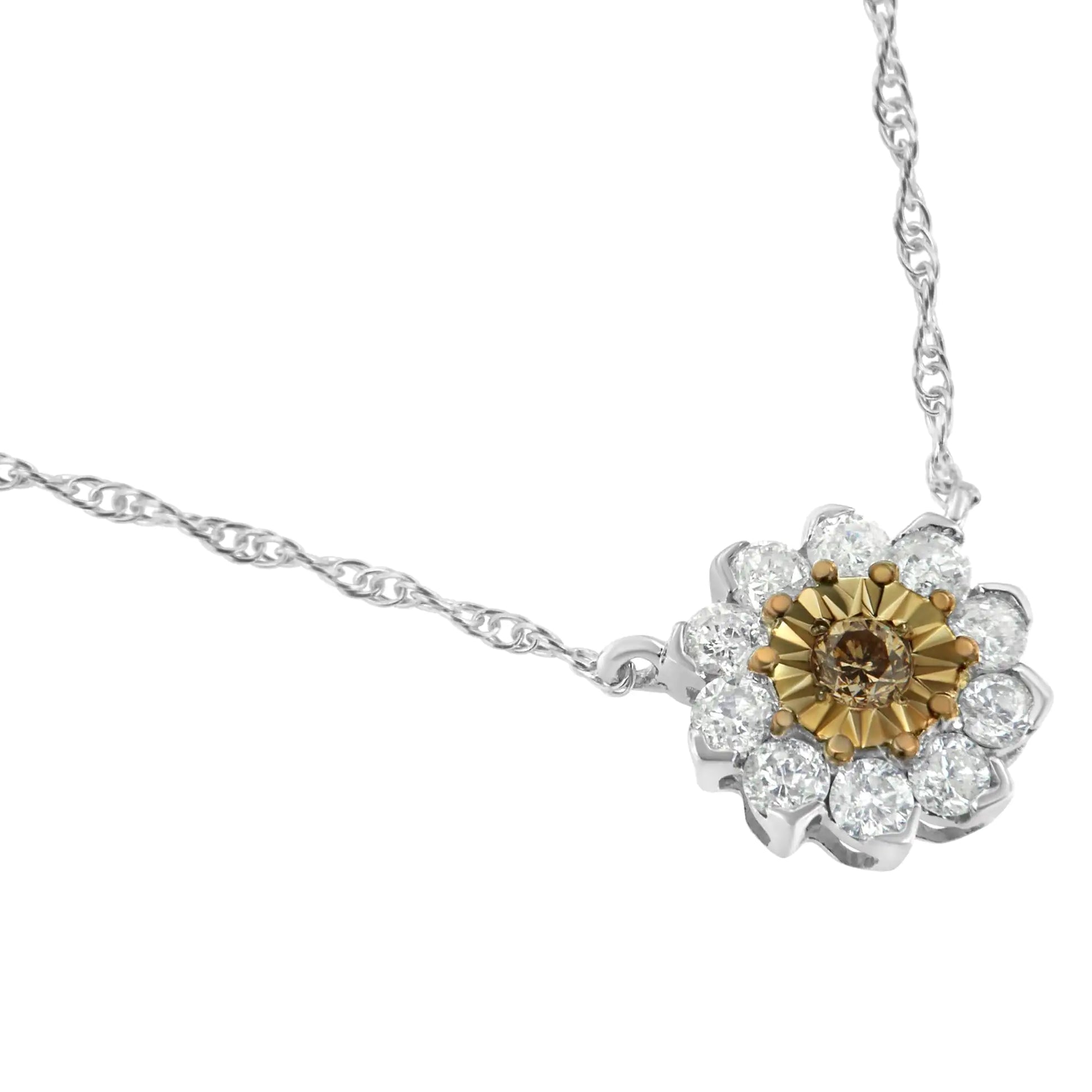 Brown Rhodium over .925 Sterling Silver 1/2 Cttw Diamond Miracle Plate Flower Cluster 18" Pendant Necklace (Champagne and I-J Color, I1-I2 Clarity) - Puritific