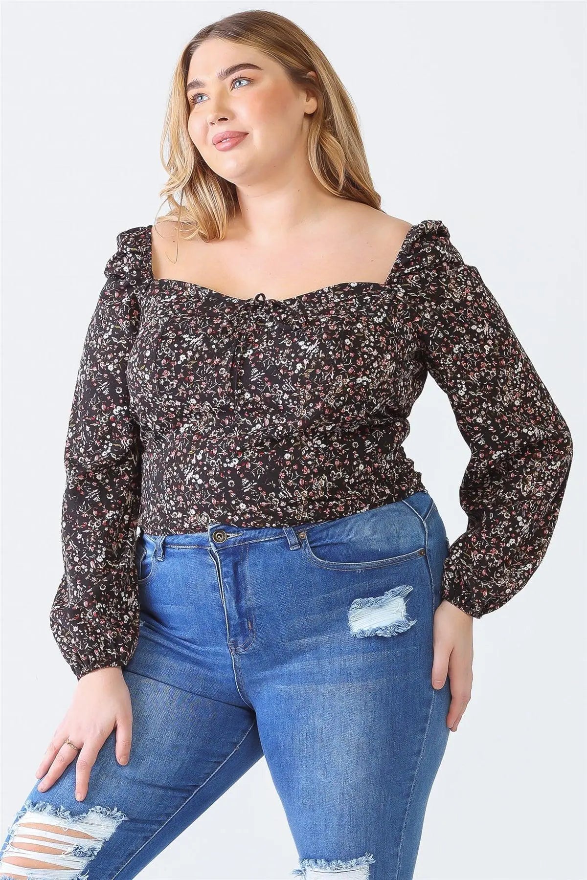 Plus Size Black Floral Square Neck Smocked Top