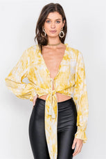 Yellow Tie Dye Open V-Neck Frill Detail Self Tie Crop Top /4-2-1 - Puritific