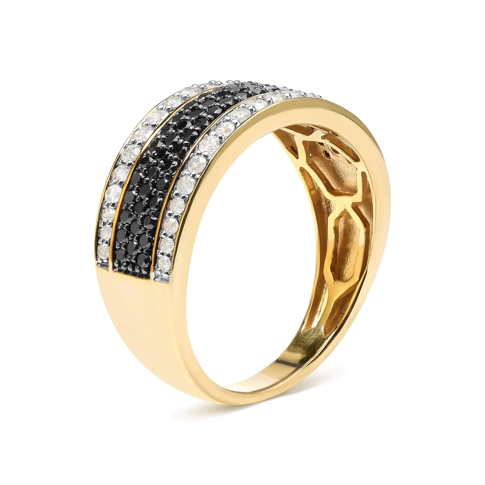 14K Yellow Gold Plated .925 Sterling Silver 1 1/4 Cttw White and Black Treated Diamond Multi Row Band (Black/I-J Color, I2-I3 Clarity) - Puritific