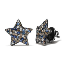 Black Rhodium Plated 18K White Gold 1.00 Cttw Diamond and Round Blue Sapphire Gemstone Micro-Pave Star Stud Earrings (Brown and G-H Color, SI1-SI2 Clarity) - Puritific