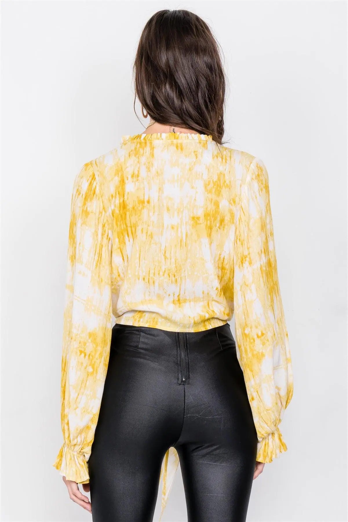 Yellow Tie Dye Open V-Neck Frill Detail Self Tie Crop Top /4-2-1 - Puritific