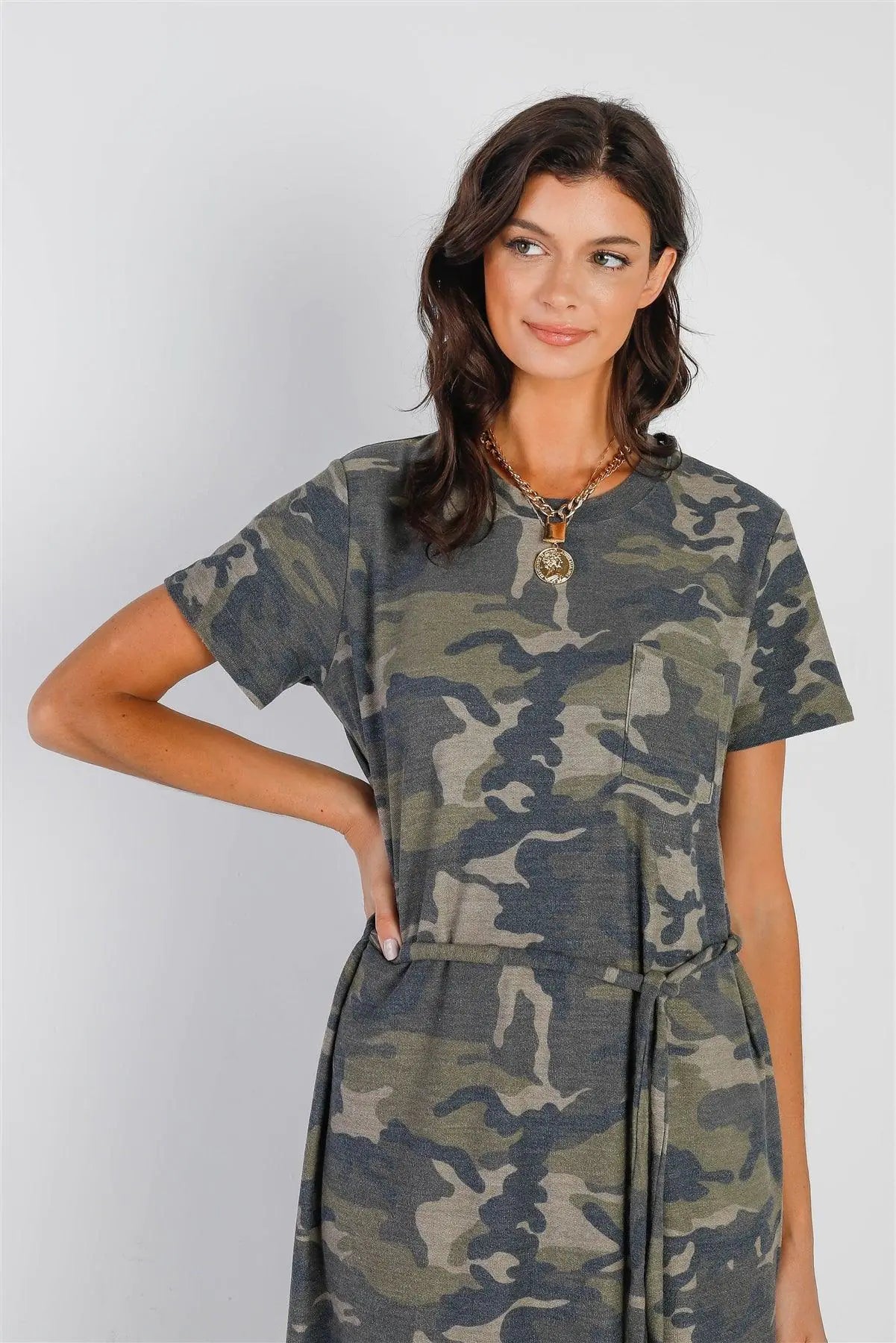 Dark Camo Self-Tie Belted Short Sleeve Midi Dress - Puritific