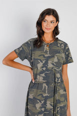 Dark Camo Self-Tie Belted Short Sleeve Midi Dress - Puritific