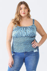 Plus Size Blue Flower Satin Strappy Smocked Top