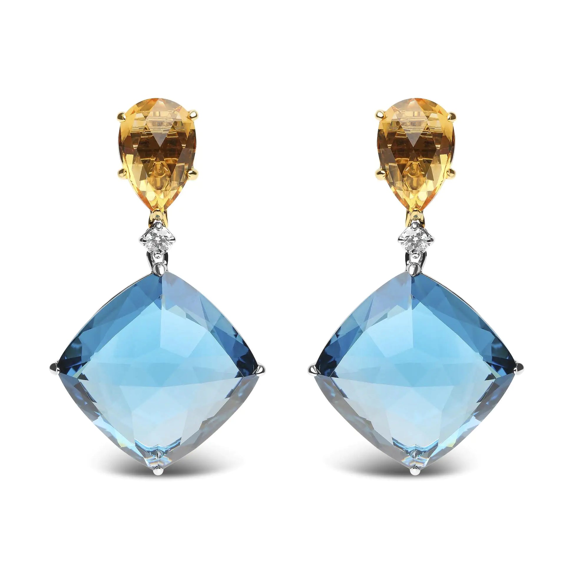 18K White and Yellow Gold 1/6 Cttw Diamond with Pear Cut Yellow Citrine and 20mm Cushion Cut Blue Topaz Gemstone Dangle Earrings (G-H Color, SI1-SI2 Clarity) - Puritific