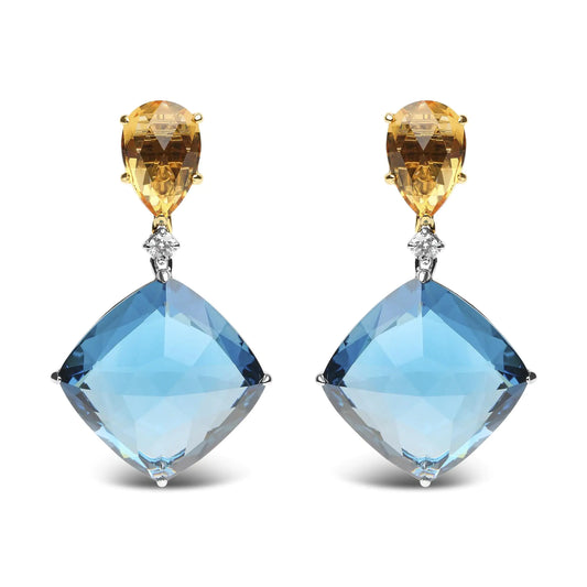 18K White and Yellow Gold 1/6 Cttw Diamond with Pear Cut Yellow Citrine and 20mm Cushion Cut Blue Topaz Gemstone Dangle Earrings (G-H Color, SI1-SI2 Clarity) - Puritific