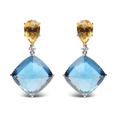 18K White and Yellow Gold 1/6 Cttw Diamond with Pear Cut Yellow Citrine and 20mm Cushion Cut Blue Topaz Gemstone Dangle Earrings (G-H Color, SI1-SI2 Clarity) - Puritific