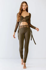 Olive Rushed Bust Corset Mesh Long Sleeve Crop Top & High Waist Slim Fit Corset Detail Pants Set S-M-L/2-2-2