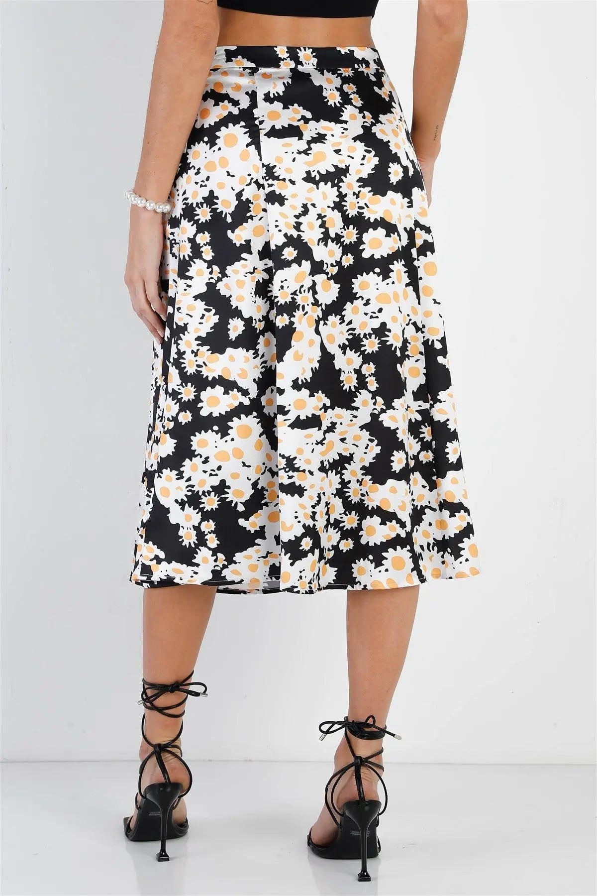 "Daisy" Print Black Multi Color Satin Effect Midi Slip Skirt /1-3-2 - Puritific