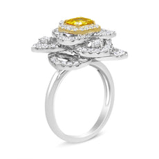 18K White and Yellow Gold 1.75 Cttw Yellow Asscher Lab Grown Center Diamond Floral Cluster Ring (Yellow/G-H Color, VS1-VS2 Clarity) - Puritific