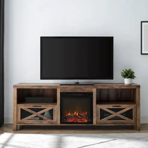 Industrial Farmhouse Metal Mesh Drop-Down X-Door Fireplace TV Stand For TVs - Rustic Oak