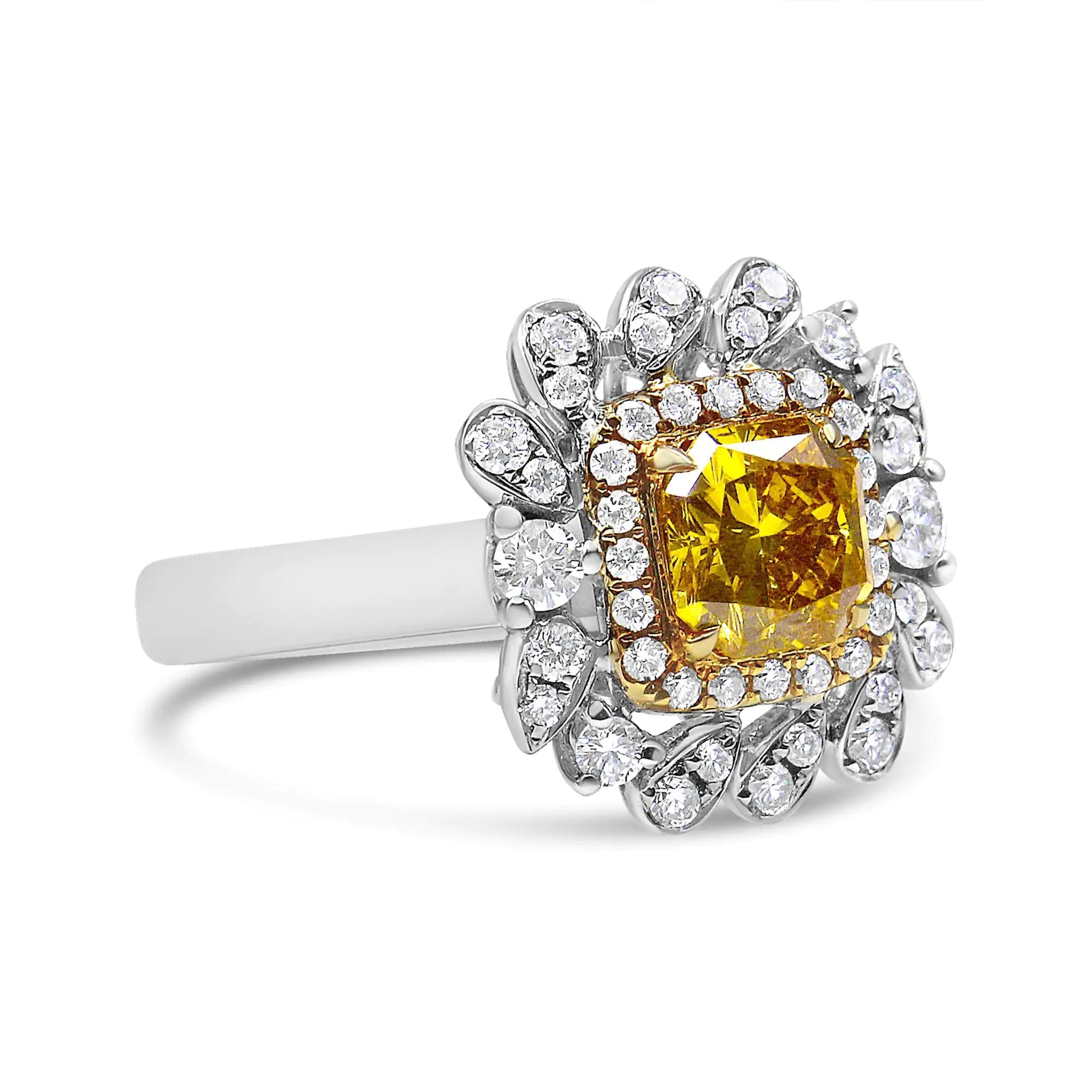 18K White and Yellow Gold 1.76 Cttw Yellow Radiant Lab Grown Center Diamond Double Halo Cocktail Ring (Yellow/G-H Color, VS1-VS2 Clarity) - Puritific