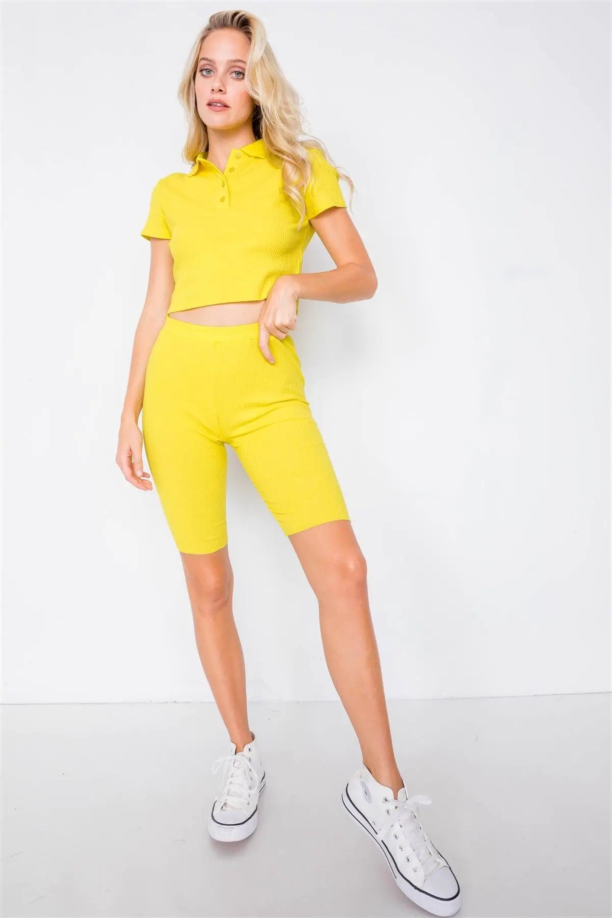 Neon Yellow Athletic Short Sleeve Polo Ribbed Crop Top & Biker Short Set /3-2-1