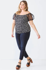 Plus Size Black Dot Print Organza Puff Short Sleeve Top