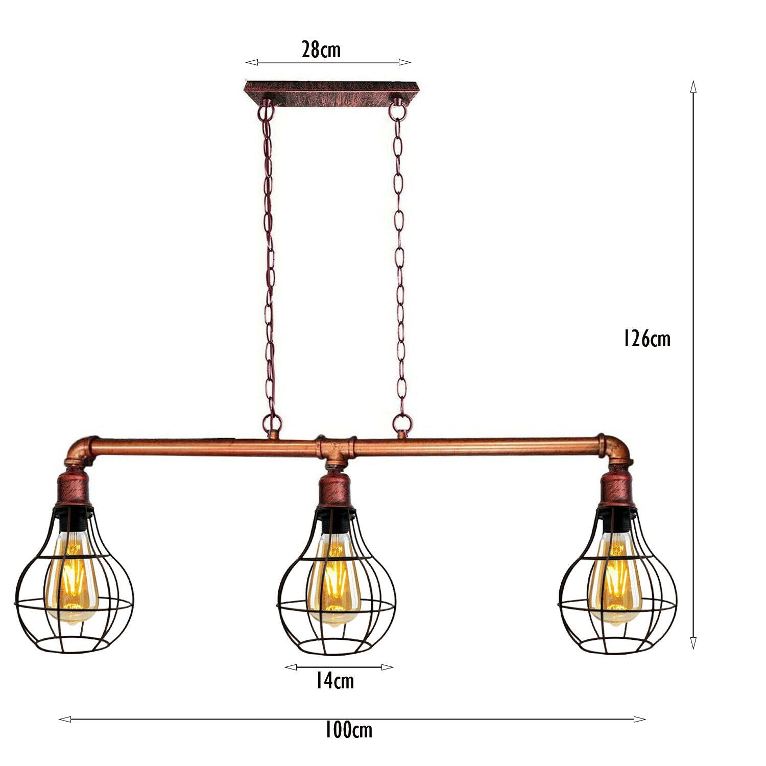 Rustic Red Retro Pendant Pipe Light 3 Head Cage Suspended Lights ~1791-3