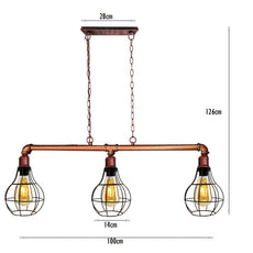 Rustic Red Retro Pendant Pipe Light 3 Head Cage Suspended Lights ~1791-3