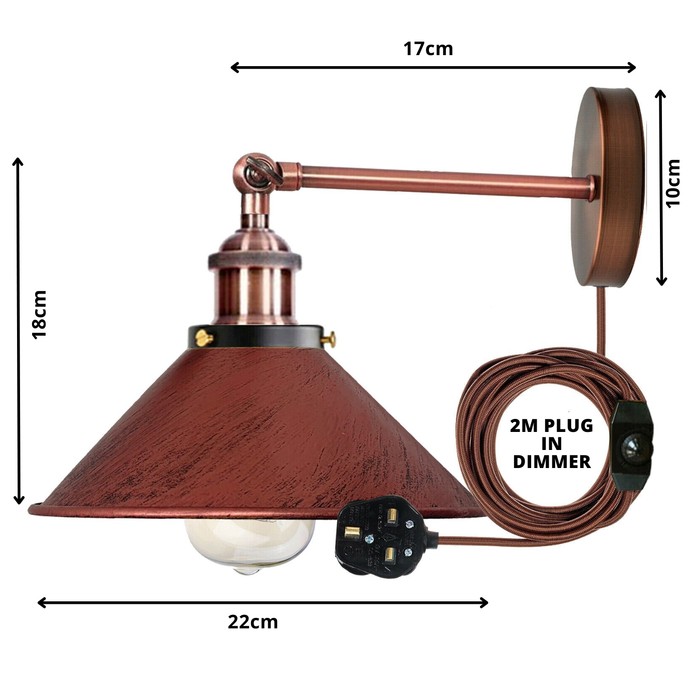 Rustic Red Plug in wall light wall sconce Dimmer Switch UK~1427-2