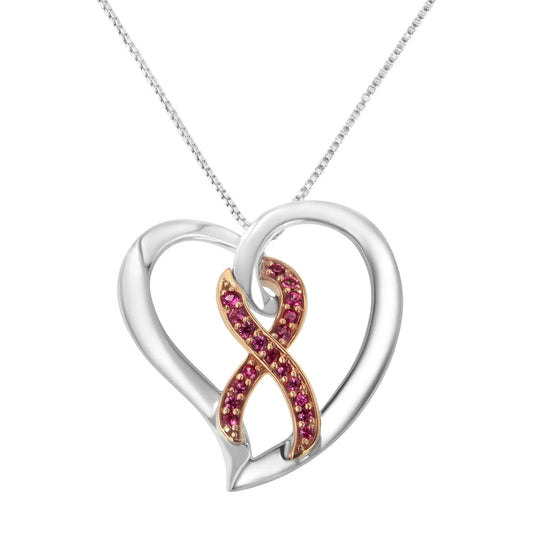 14KT Rose Gold and Sterling Silver Heart Pendant Necklace with Created Pink Sapphires - Puritific