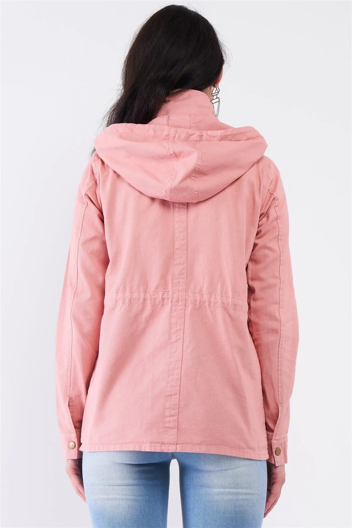 Washed Blush Pink Cotton Front Zip-Up & Button Down Detachable Hood Detail Utility Jacket /1-1-2-2-1 - Puritific