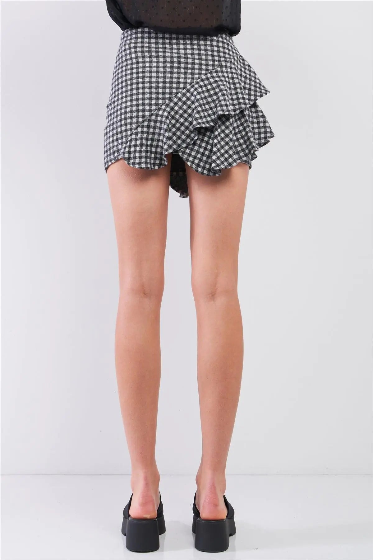 Black & Grey Buffalo Plaid High-Waisted Asymmetrical Ruffle Mini Skirt /2-2-1 - Puritific