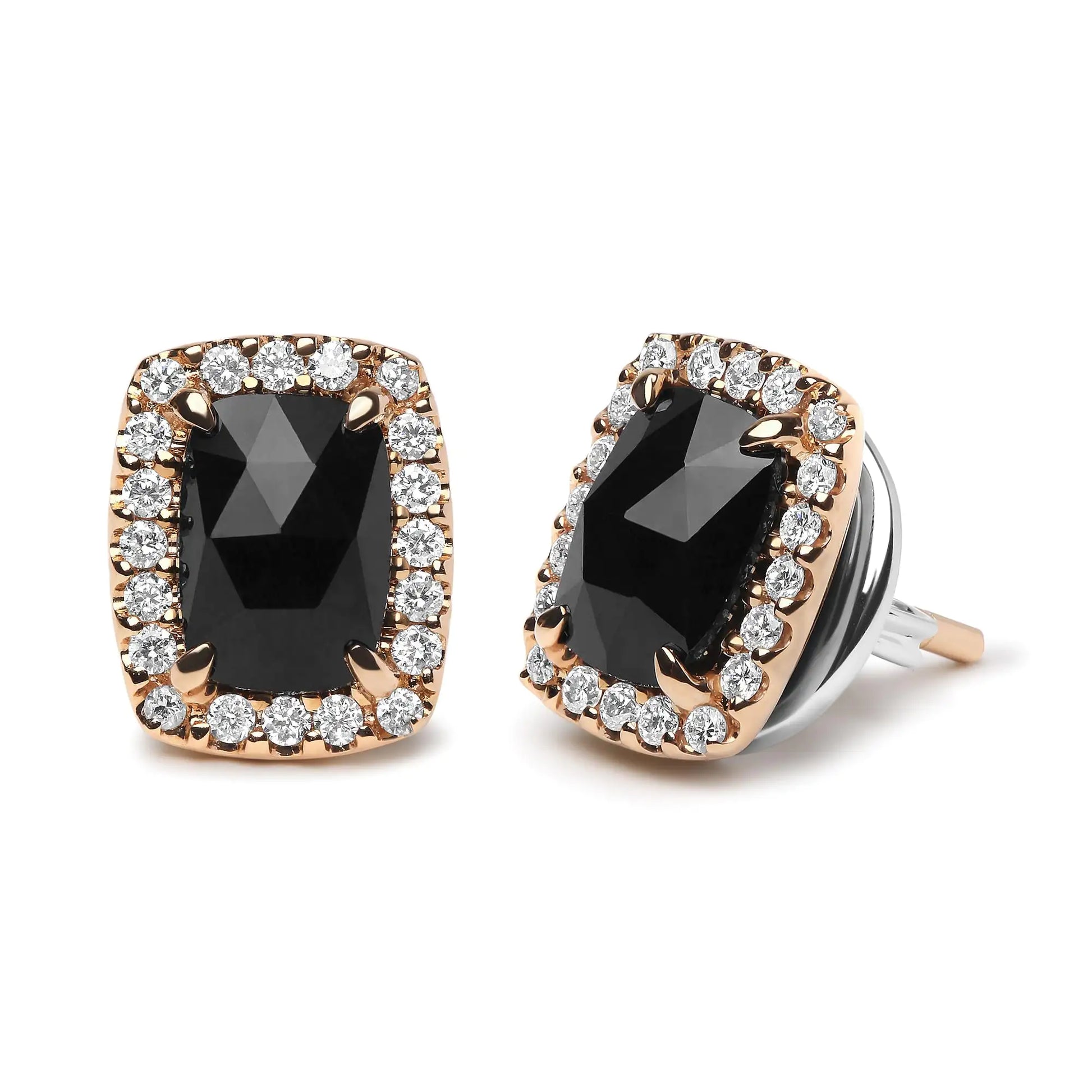 18K Rose and White Gold 1/4 Cttw Round Diamond and 8x6mm Cushion Cut Black Onyx Gemstone Halo Stud Earrings (G-H Color, SI1-SI2 Clarity) - Puritific