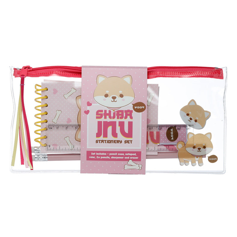 7 Piece Clear Pencil Case Stationery Set - Adoramals Shiba Inu Dog  STA261-0