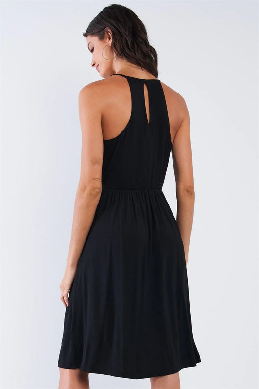 Black Casual Pleated Wrap Deep Plunge V-Neck Sleeveless Mini Dress With Front Pockets