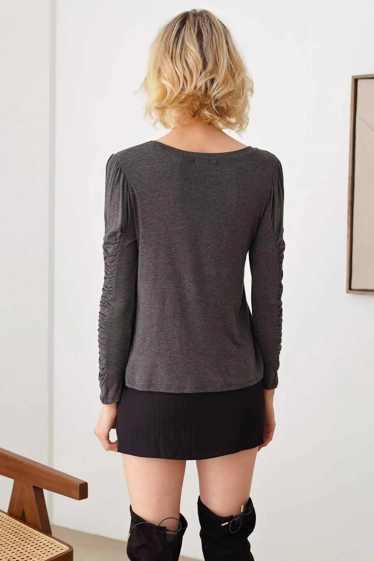 Charcoal Ruched Detail Long Sleeve Top