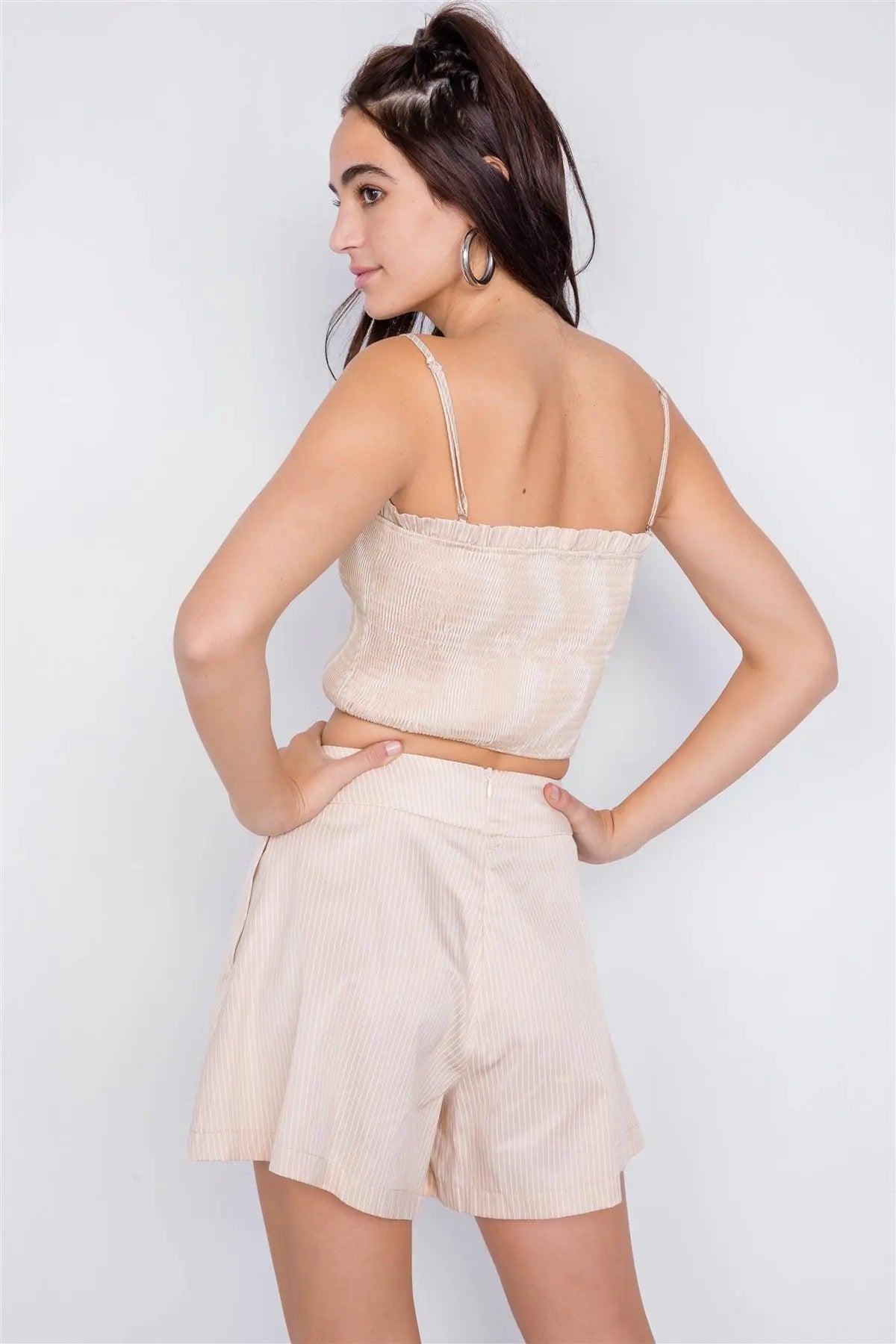 Beige Cotton Tie Dye Pinstripe Square Neck Crop Top & Mini Chic Short Set /3-2-1 - Puritific