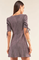 Charcoal Grey Suede Deep Plunge V-Neck Gathered Detail Tight Fit Mini Dress erasd