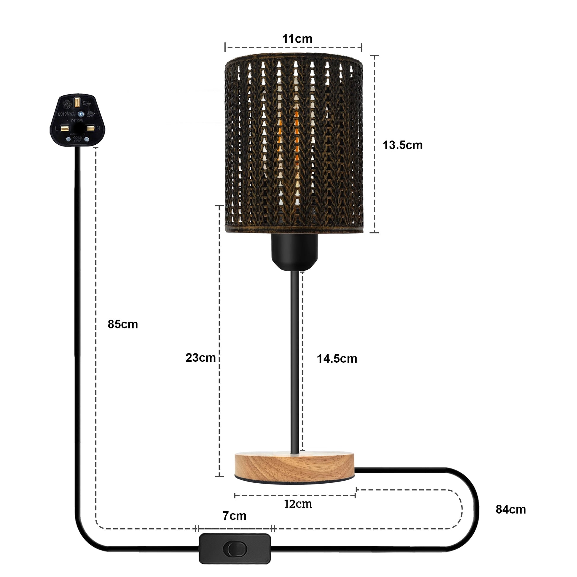 Wooden Stand Metal Bulb Guard Wire Cage Plugin On/Off Switch Table Lamp~5421-1