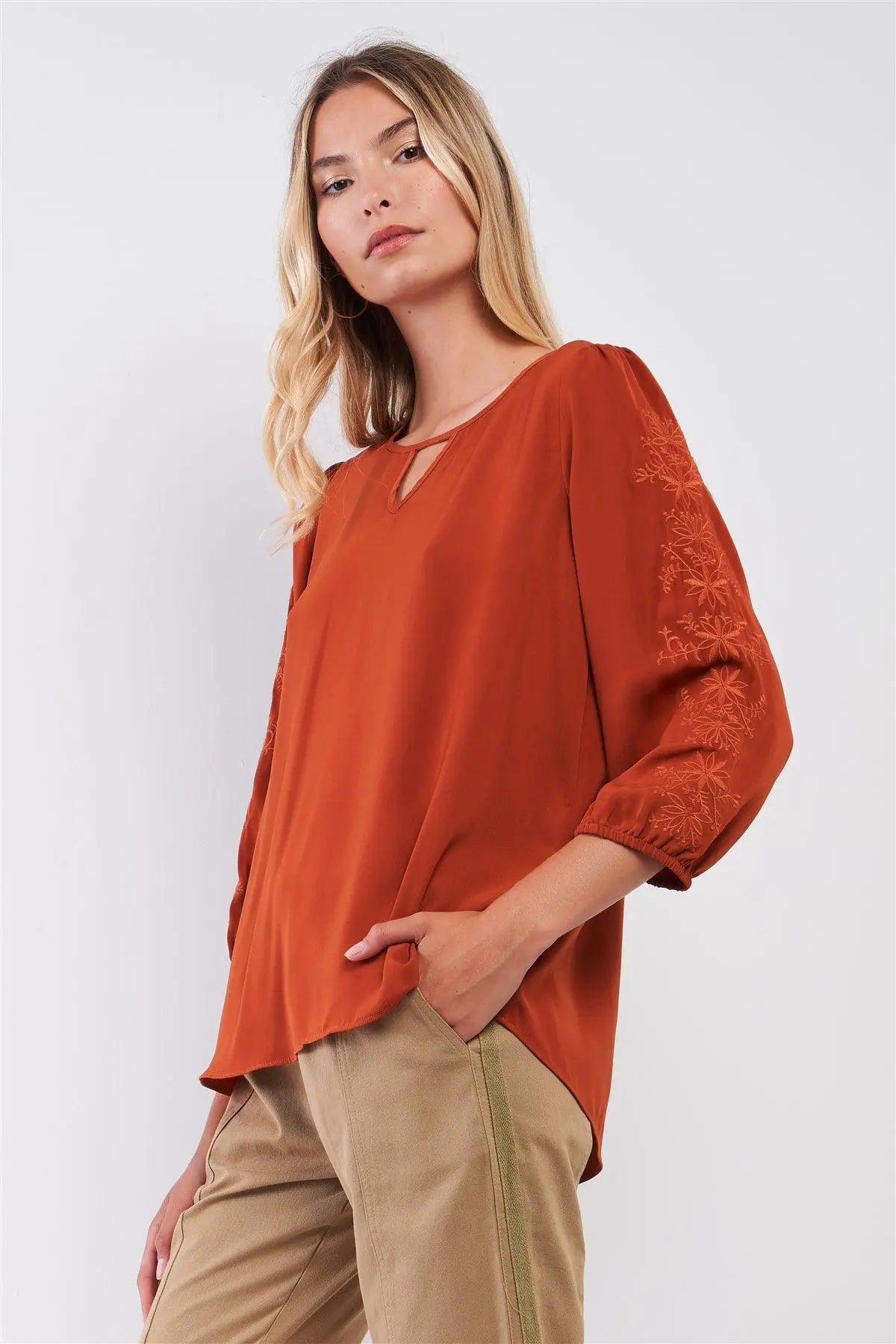 Autumn Red Boho Embroidery Trim Balloon Sleeve Relaxed Blouse Top - Puritific