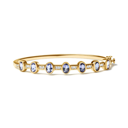 14K Yellow Gold 1/3 Cttw Round-Cut Diamond and 5MM Oval-Cut Blue Tanzanite Gemstone Bangle Bracelet (H-I Color, I1-I2 Clarity) - Size 7" Inches - Puritific