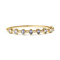 14K Yellow Gold 1/3 Cttw Round-Cut Diamond and 5MM Oval-Cut Blue Tanzanite Gemstone Bangle Bracelet (H-I Color, I1-I2 Clarity) - Size 7