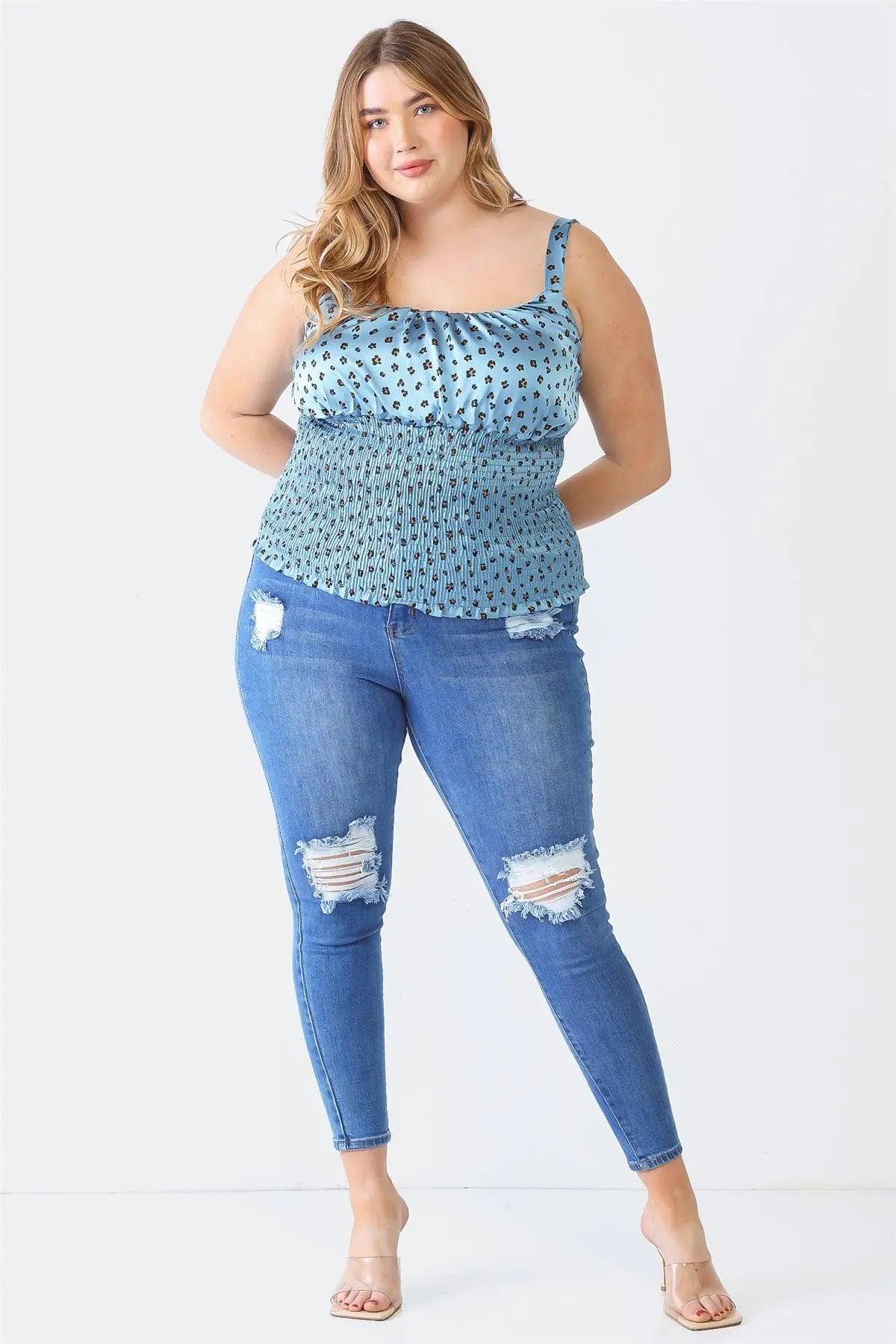 Plus Size Blue Flower Satin Strappy Smocked Top