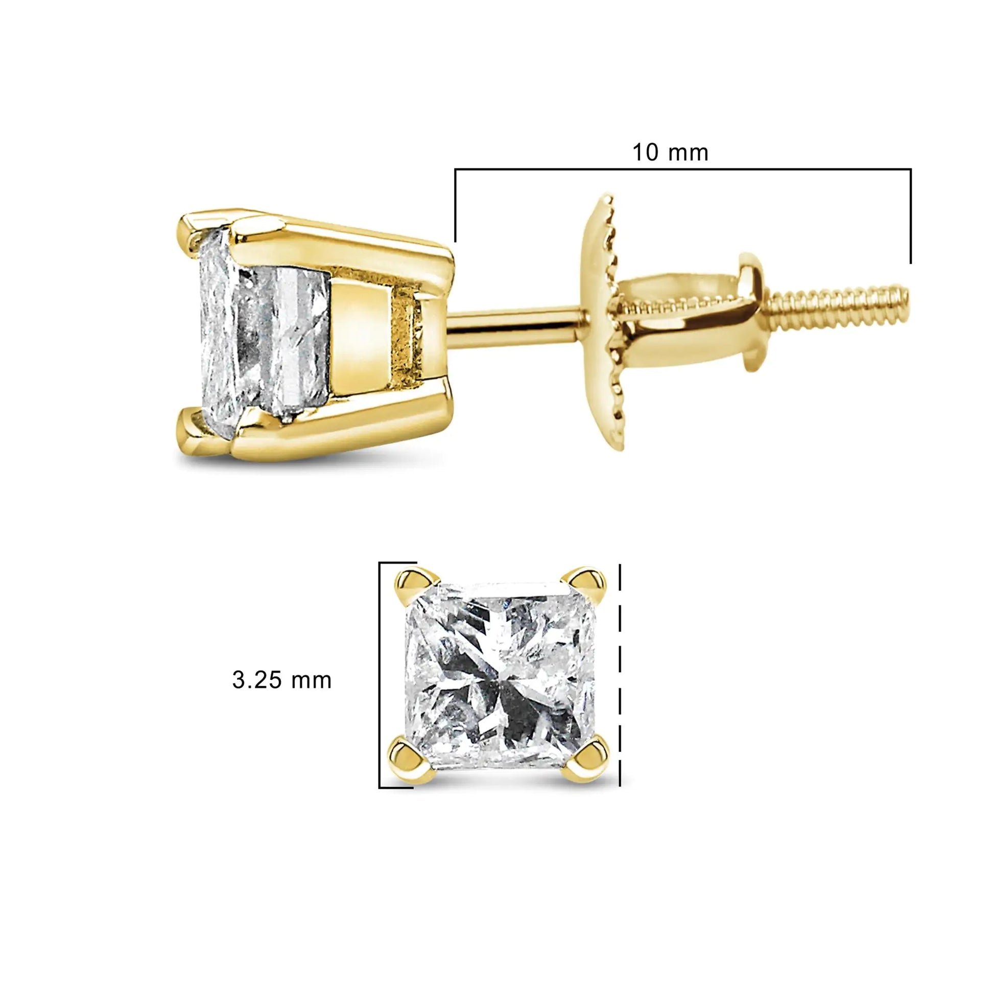 14K Yellow Gold 1/2 Cttw Princess Cut Diamond Solitaire Stud Earrings with Screwbacks (I-J Color, SI2-I1 Clarity) - Puritific