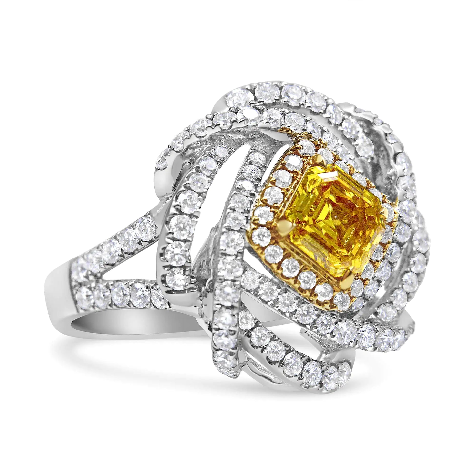 18K White and Yellow Gold 2 1/2 Cttw Yellow Asscher Lab Grown Center Diamond Cluster Swirl Ring (Yellow/G-H Color, VS1-VS2 Clarity) - Puritific