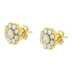 14K Yellow Gold Plated .925 Sterling Silver 1/6 Cttw Miracle-Plate Set Diamond Floral Stud Earrings (I-J Color, I2-I3 Clarity) - Puritific