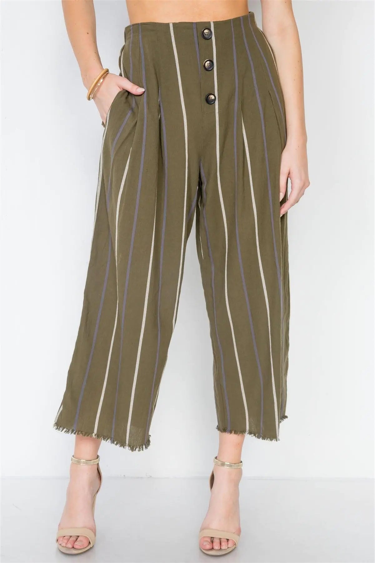 Olive Stripe Two Piece Top Wide Leg Pant Set /3-2-1