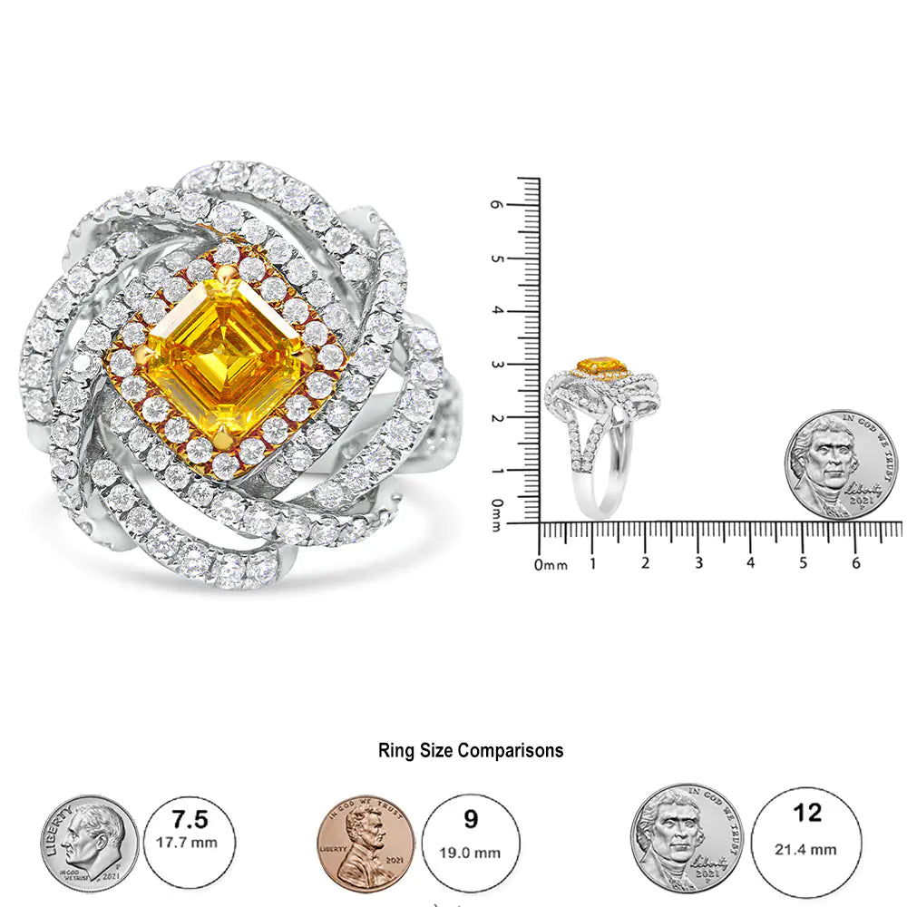 18K White and Yellow Gold 2 1/2 Cttw Yellow Asscher Lab Grown Center Diamond Cluster Swirl Ring (Yellow/G-H Color, VS1-VS2 Clarity) - Puritific