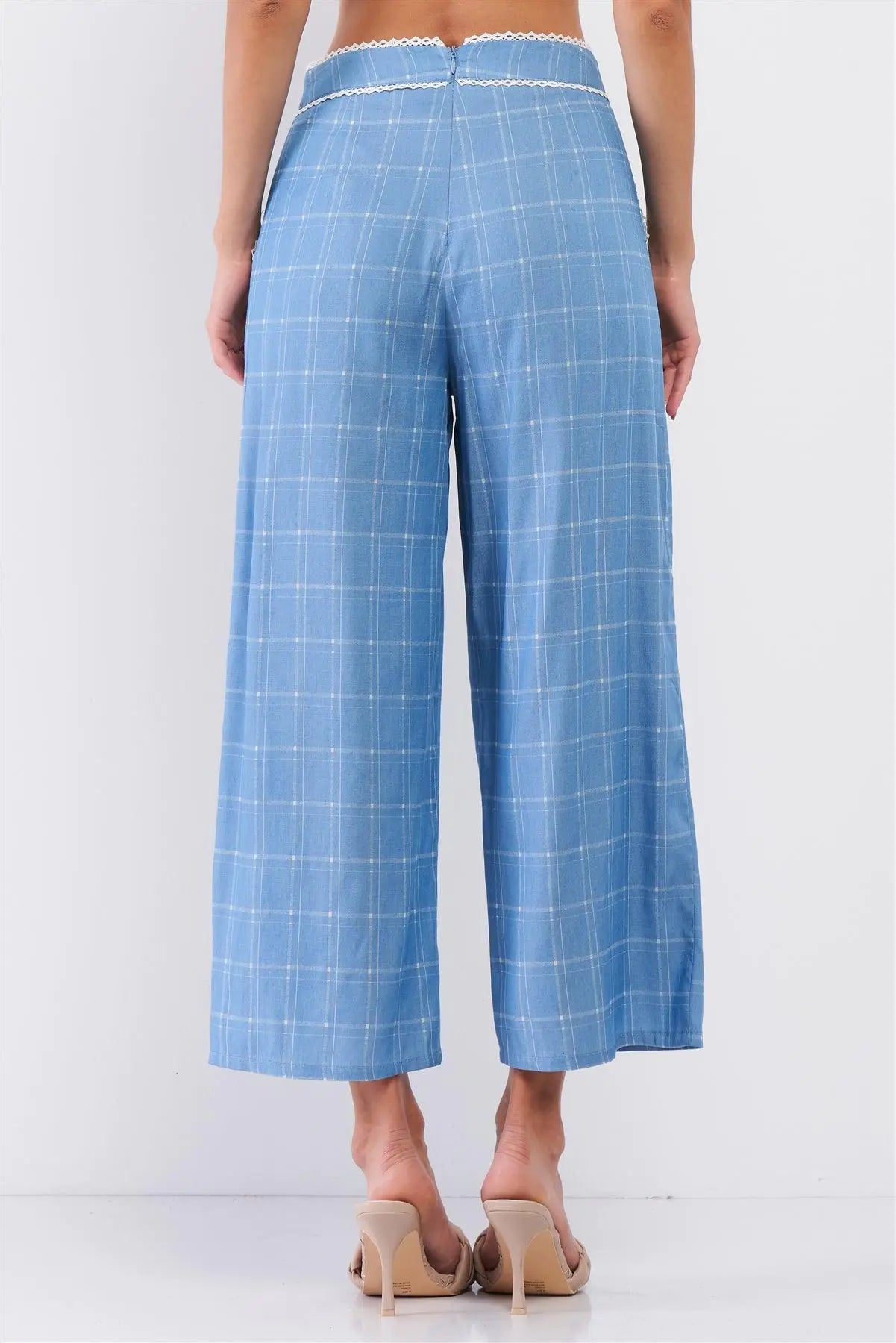 Baby Blue High Waisted Checkered White Lace Trim Wide Leg Pants /3-2-1 - Puritific